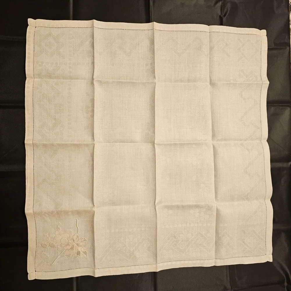 Vintage Cream Linen Napkins Hand Embroidered Fruit Damask Hemstitched Set of 2